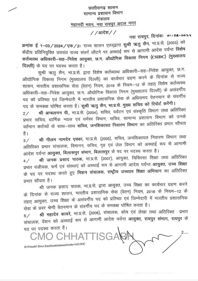 बड़े पैमाने पर IAS अफसरों का तबादला, रायपुर के संभाग आयुक्त बनाए गए महादेव कावरे