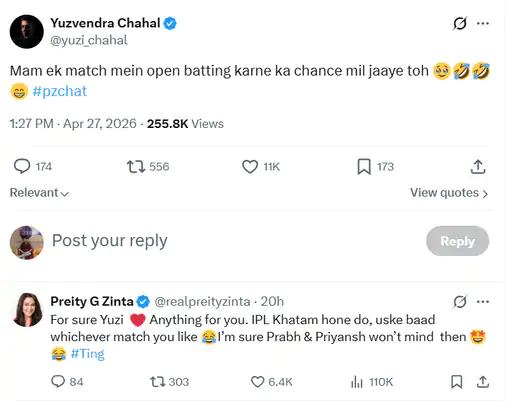 IPL 2026 में पंजाब किंग्स के शानदार प्रदर्शन के बीच, स्पिनर युजवेंद्र चहल ने टीम की को-ओनर प्रीति जिंटा से एक मैच में ओपनिंग करने की मांग की, जिसका प्रीति ने मजेदार जवाब दिया