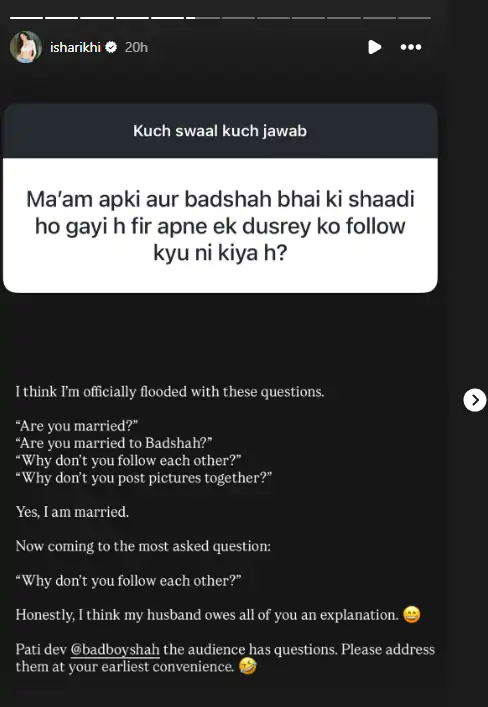 पंजाबी एक्ट्रेस ईशा रिखी ने सोशल मीडिया पर रैपर और म्यूजिक प्रोड्यूसर बादशाह के साथ एक तस्वीर शेयर की है और बादशाह को पति देव बताया