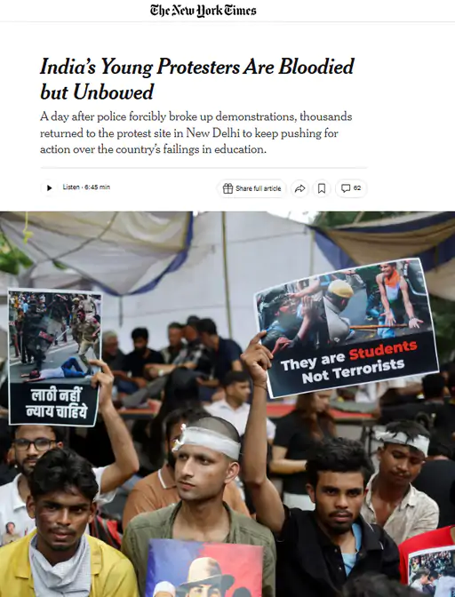 दिल्ली में कॉकरोच जनता पार्टी (CJP) के नेतृत्व में हुए छात्र आंदोलन की गूंज विदेशी मीडिया तक पहुंची